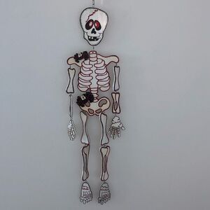 HALLOWEEN HANGING WOODEN PAINTED SKELETON WITH SPIDERS